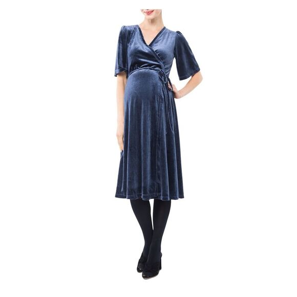 NOM Womens Blue Velvet Short Sleeve Knee Length Wrap Dress Size: L - Picture 1 of 2